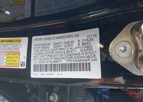 2018 Honda Accord Lx z USA, uszkodzony, nr VIN 1HGCV1F14JA088777